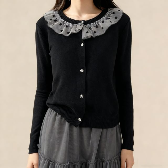 Long Sleeve Round Neck Ruffled-Trim Polka Dot Loose-Fit Cardigan