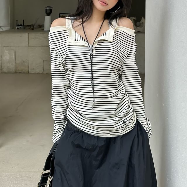 Striped Cold Shoulder Long Sleeve Tee