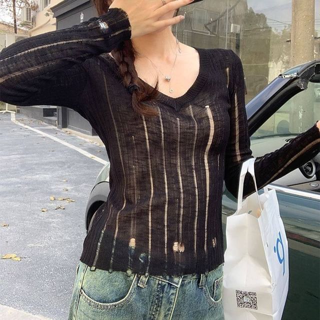 Distressed Knit V-Neck Long Sleeve Top