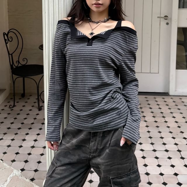 Striped Cold Shoulder Long Sleeve Tee