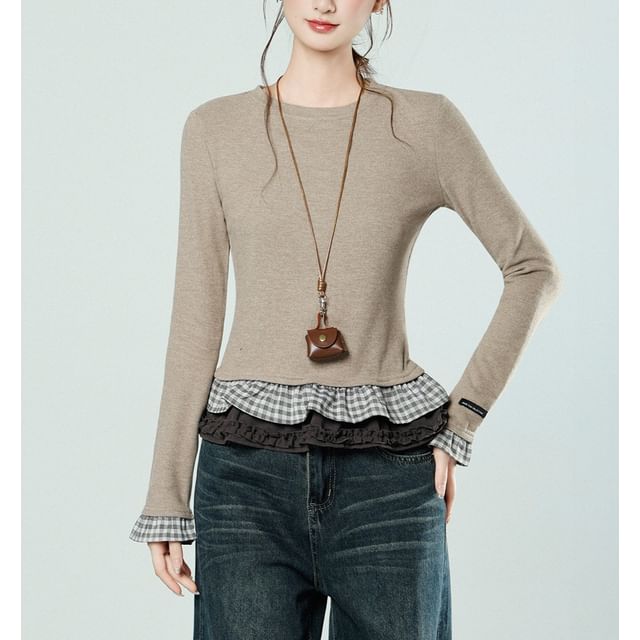 Long Sleeve Crew Neck Plaid Hem Shirt