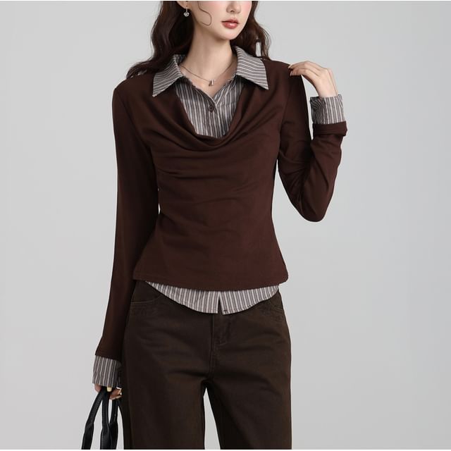 Striped Collar Mock Two-Piece Long Sleeve Tee