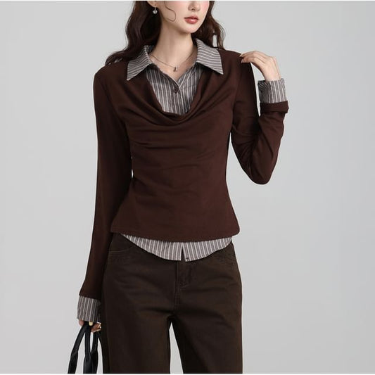 Striped Collar Mock Two-Piece Long Sleeve Tee