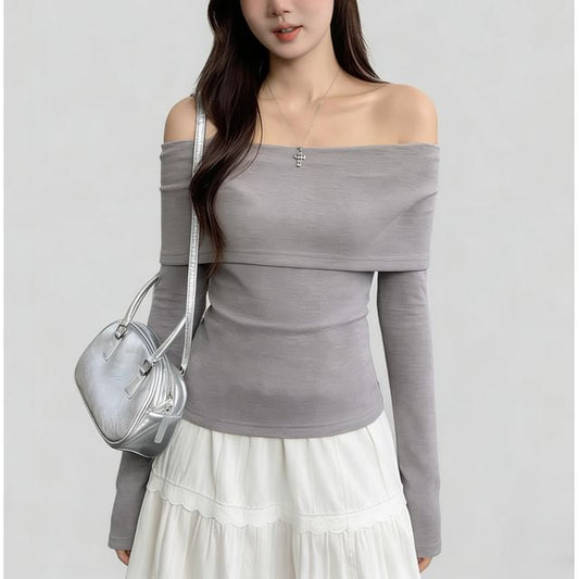 Off Shoulder Long Sleeve Solid Top