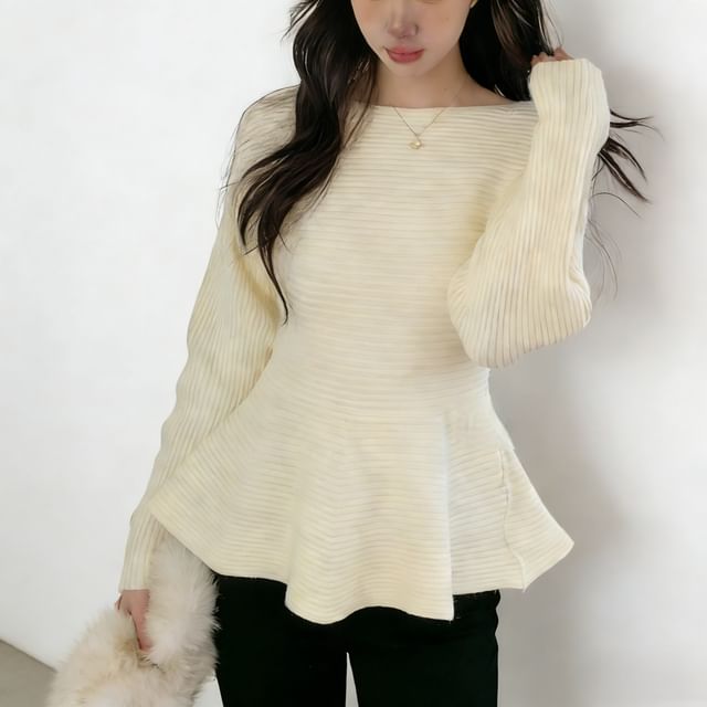 Boat Neck Ribbed Knit Long Sleeve Top