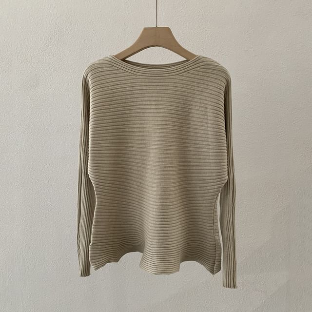 Boat Neck Ribbed Knit Long Sleeve Top