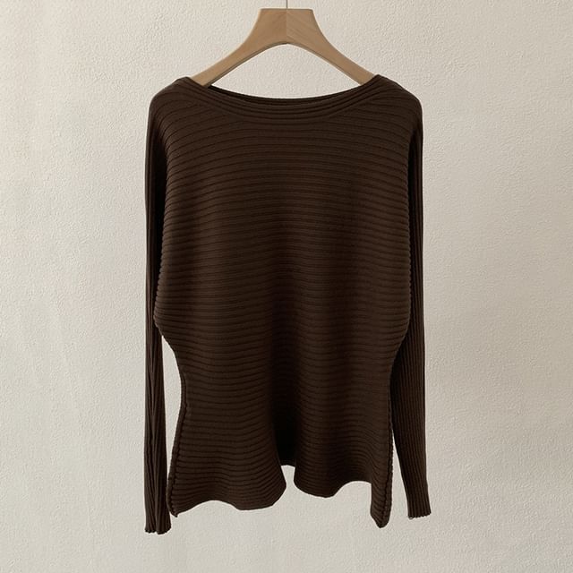 Boat Neck Ribbed Knit Long Sleeve Top