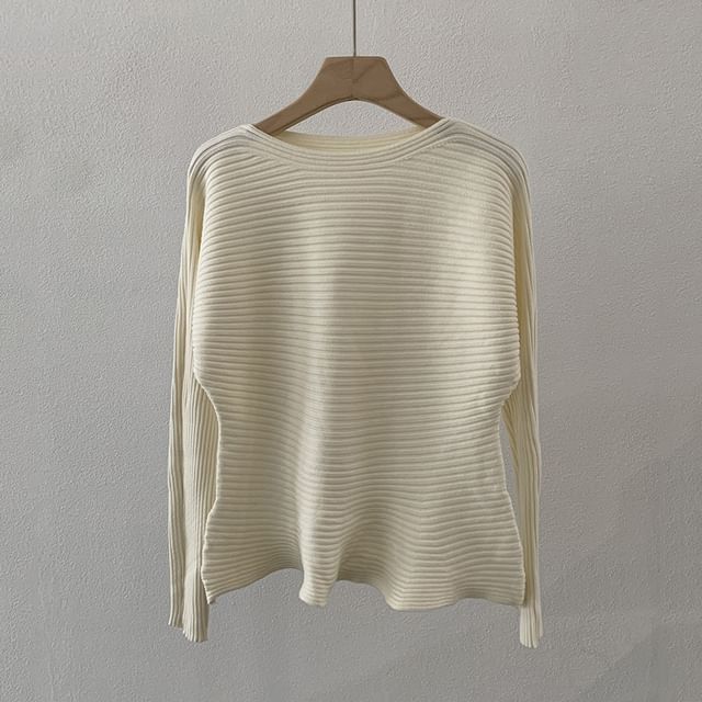 Boat Neck Ribbed Knit Long Sleeve Top