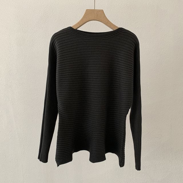 Boat Neck Ribbed Knit Long Sleeve Top