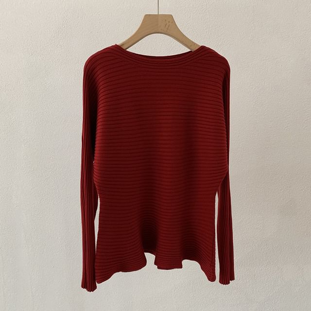 Boat Neck Ribbed Knit Long Sleeve Top