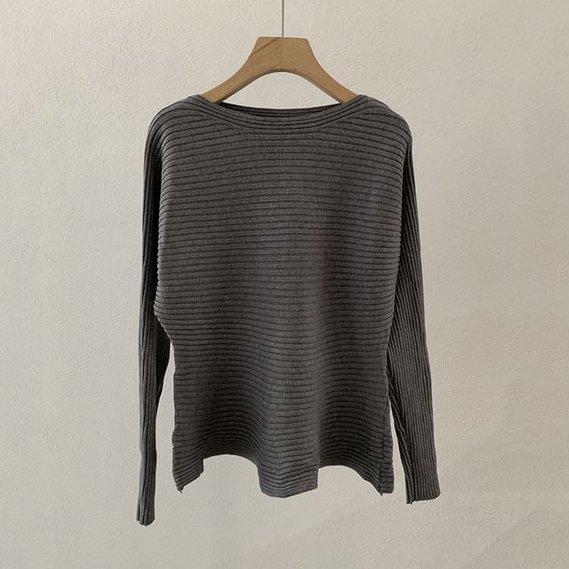 Boat Neck Ribbed Knit Long Sleeve Top