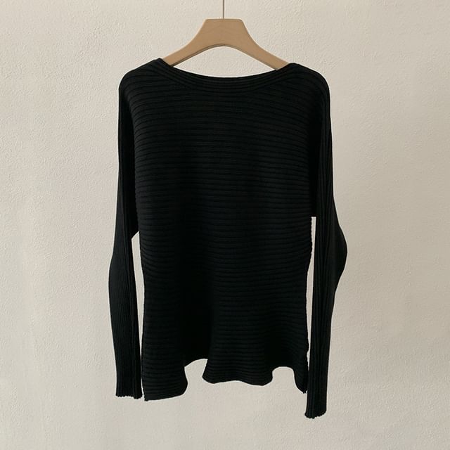 Boat Neck Ribbed Knit Long Sleeve Top