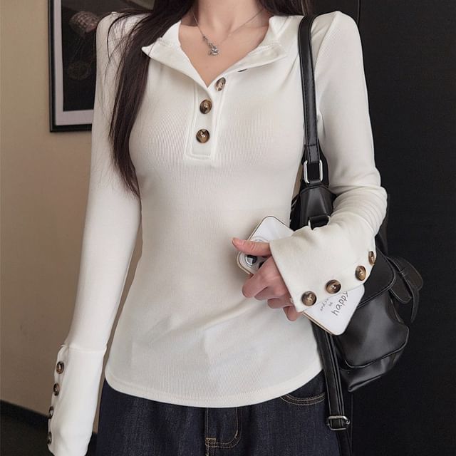 Henley Neck Long Sleeve Solid T-Shirt