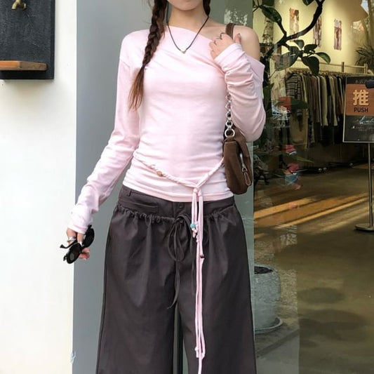 Off-Shoulder Plain Long Sleeve Tee