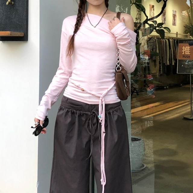 Off-Shoulder Plain Long Sleeve Tee