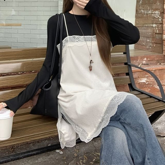 Lace Trim Mini Dress with Long Sleeve Tee
