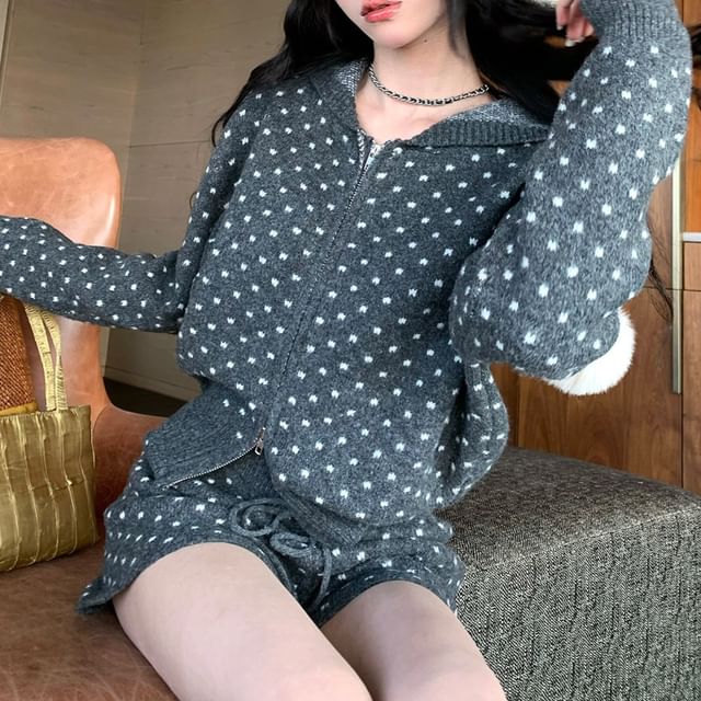 Polka Dot Zip Hoodie with Knit Shorts