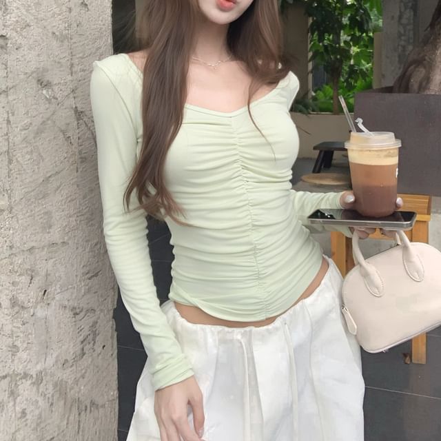 V-Neck Cinched Long Sleeve Solid Crop Tee