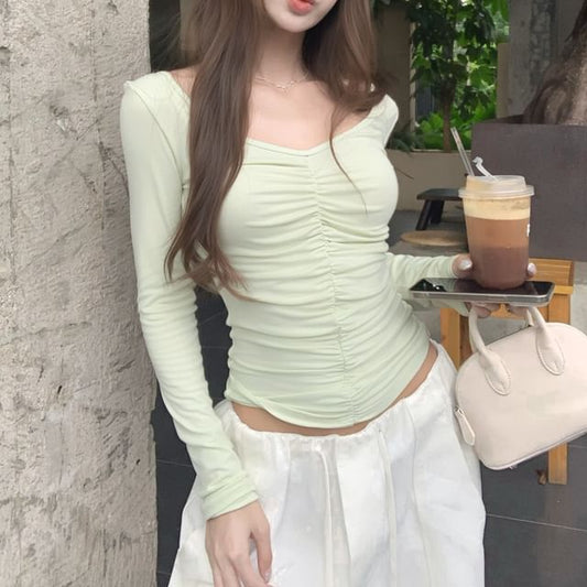 V-Neck Cinched Long Sleeve Solid Crop Tee