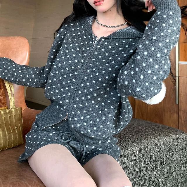 Polka Dot Zip Hoodie with Knit Shorts