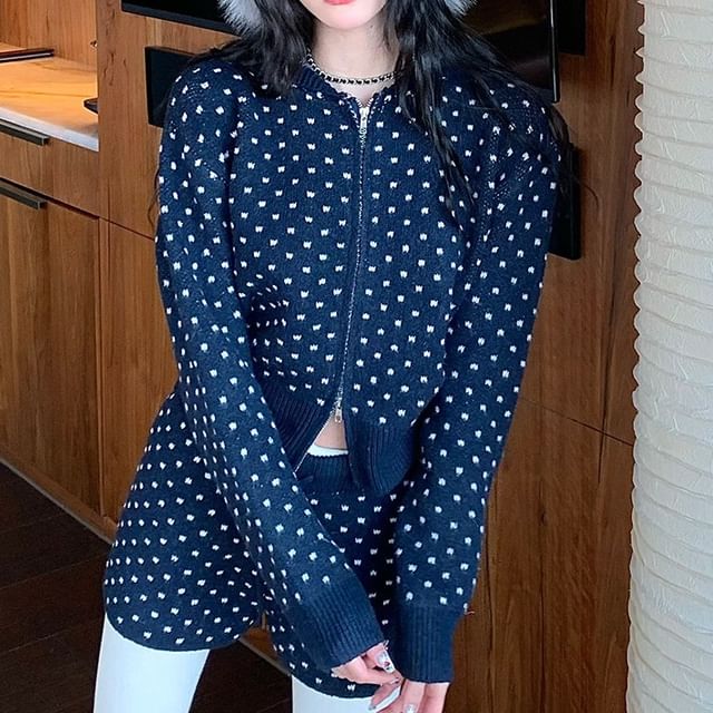 Polka Dot Zip Hoodie with Knit Shorts