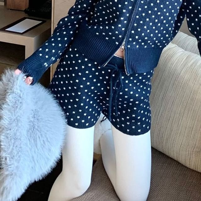 Polka Dot Zip Hoodie with Knit Shorts