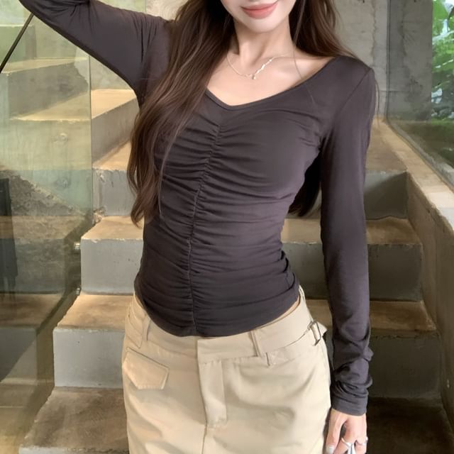 V-Neck Cinched Long Sleeve Solid Crop Tee