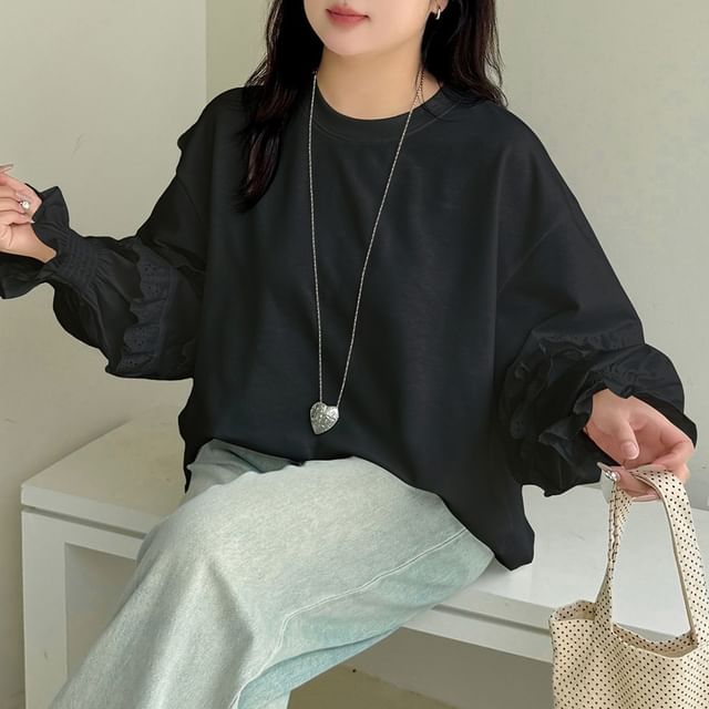 Crew Neck Long Sleeve Solid Ruffle Top (XL-4XL)