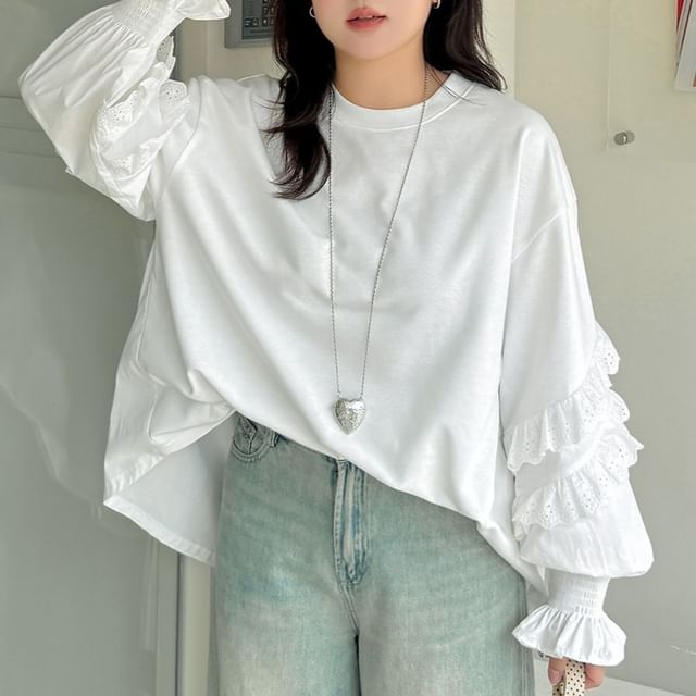 Crew Neck Long Sleeve Solid Ruffle Top (XL-4XL)
