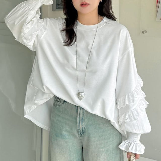 Crew Neck Long Sleeve Solid Ruffle Top (XL-4XL)