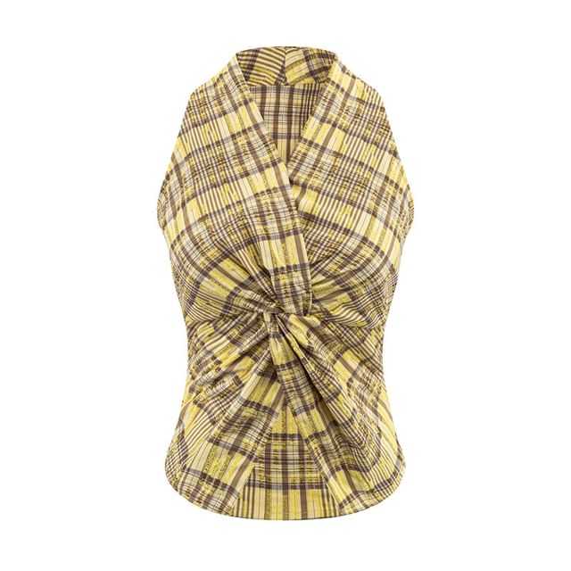 Sleeveless V-Neck Checkered Knotted Shirt