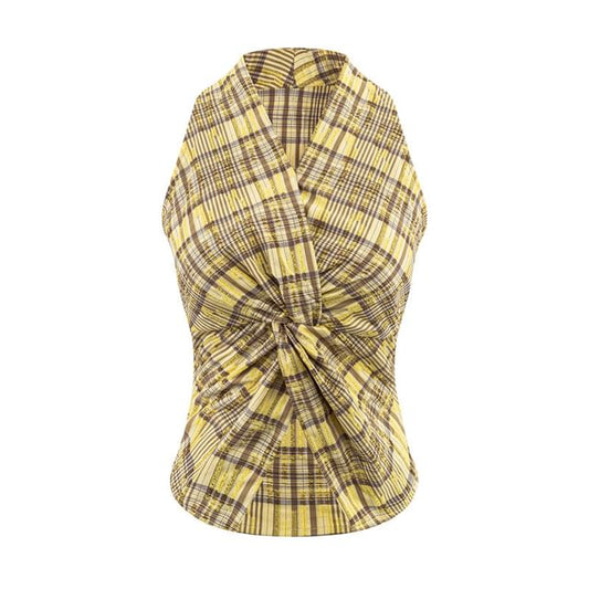 Sleeveless V-Neck Checkered Knotted Shirt