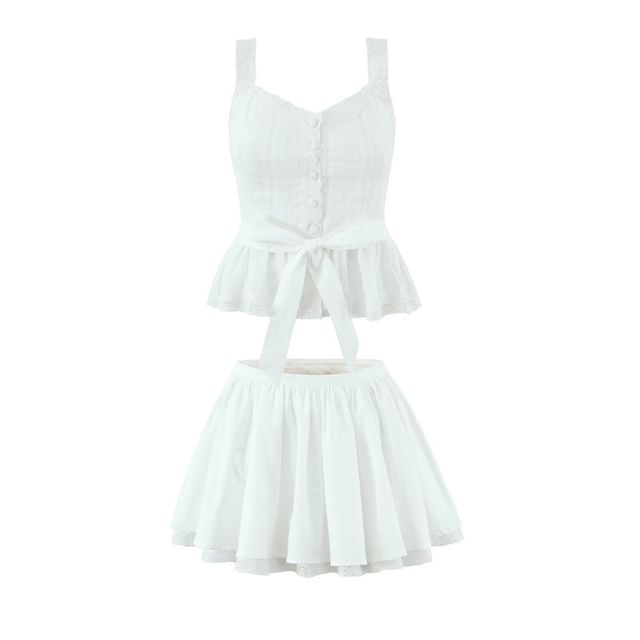 Lace Camisole with Tie-Front Buttons / High Waist Mini A-Line Layered Skirt Set