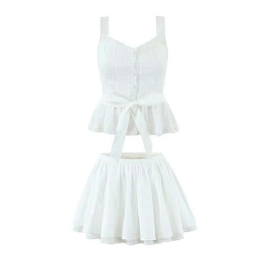 Lace Camisole with Tie-Front Buttons / High Waist Mini A-Line Layered Skirt Set