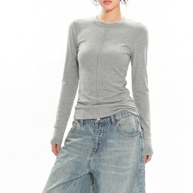 Plain Crew Neck Tee with Long Sleeves