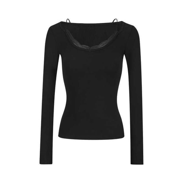 Lace Panel Slim Fit Tee with V-Neck and Long Sleeves