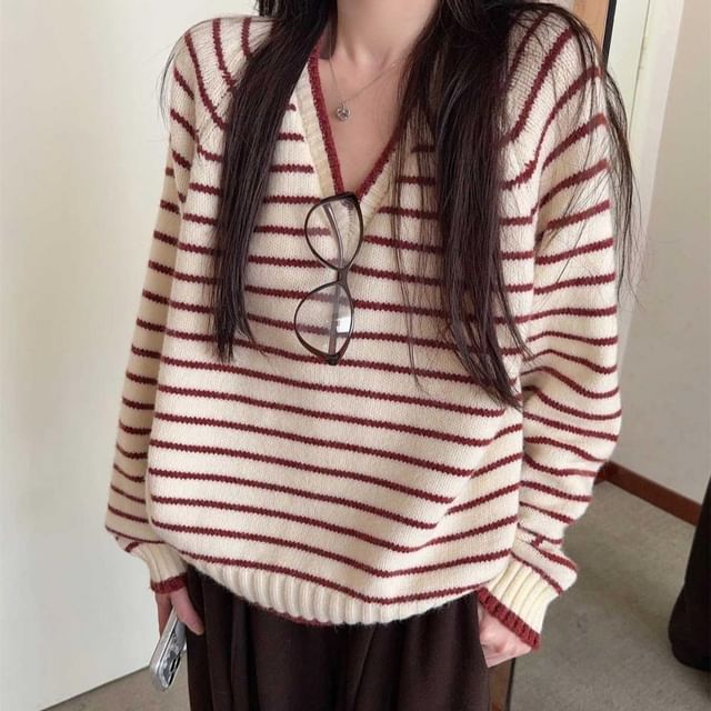 Striped Contrast Trim V-Neck Sweater