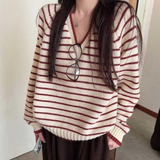 Striped Contrast Trim V-Neck Sweater