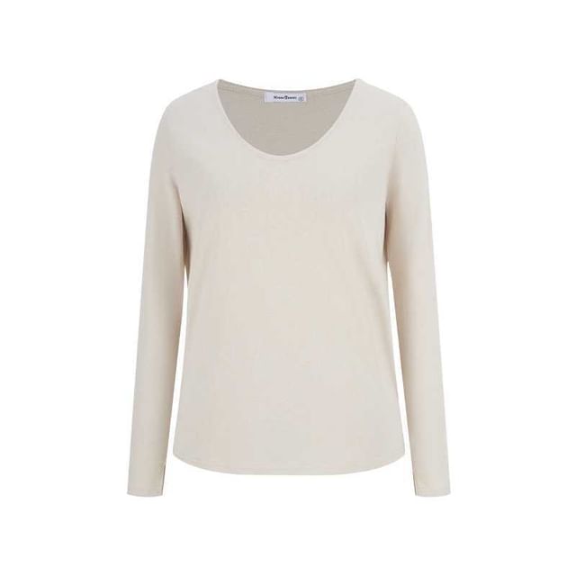 Slit V-Neck Long Sleeve Tee with Plain Design