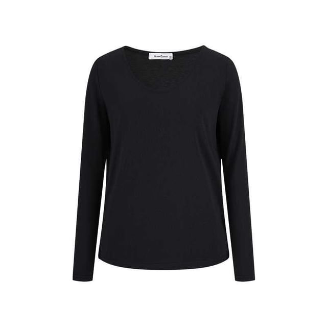 Slit V-Neck Long Sleeve Tee with Plain Design