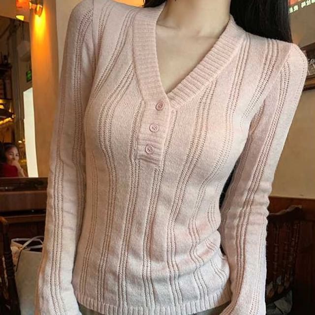 V-Neck Perforated Knit Long Sleeve Top