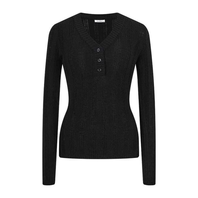 V-Neck Perforated Knit Long Sleeve Top