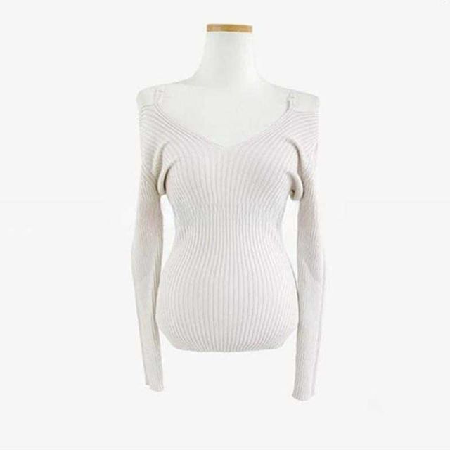 Cold Shoulder Ribbed Knit Top with V-Neck