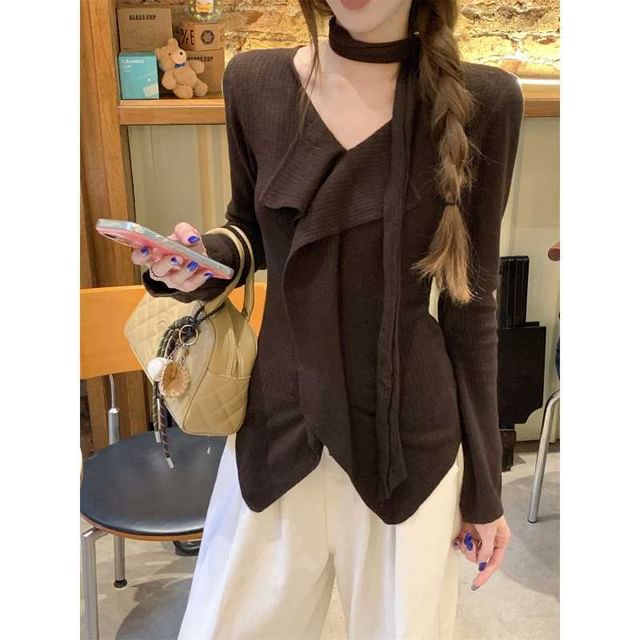 Elegant Knit Set with V-Neck Long Sleeve Top and Scarf