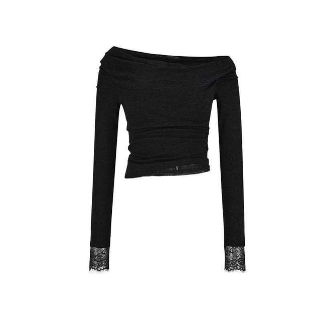 Slim Off-Shoulder Lace Trim Crop Top with Ruched Detail