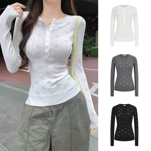 Perforated Half-Button Knit Top with Crew Neck
