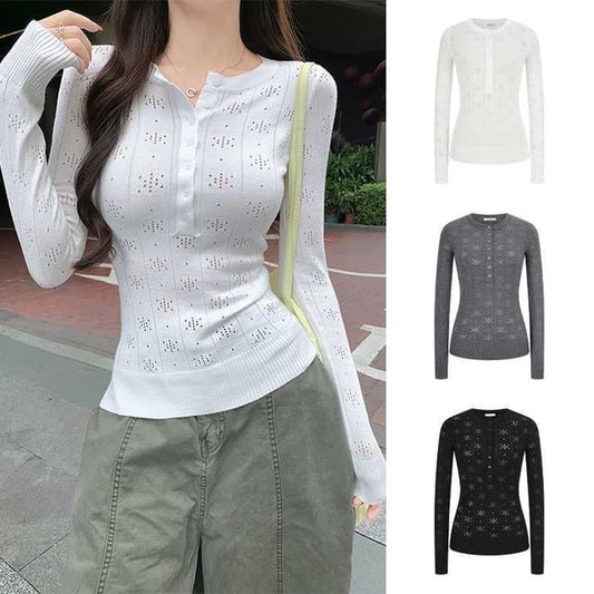 Perforated Half-Button Knit Top with Crew Neck