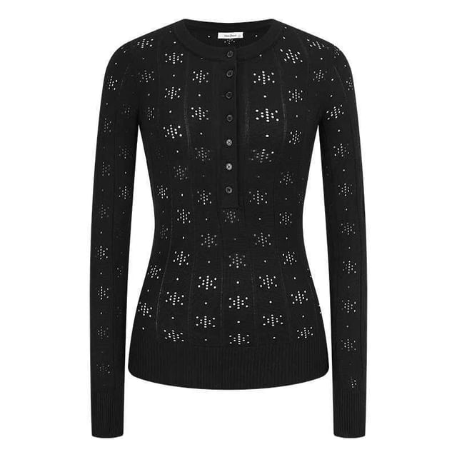 Perforated Half-Button Knit Top with Crew Neck