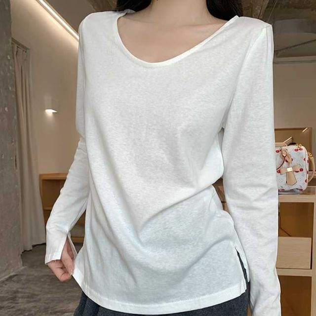 Slit V-Neck Long Sleeve Tee with Plain Design