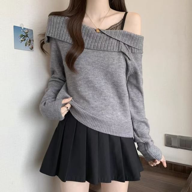 One-Shoulder Sweater Plain Style